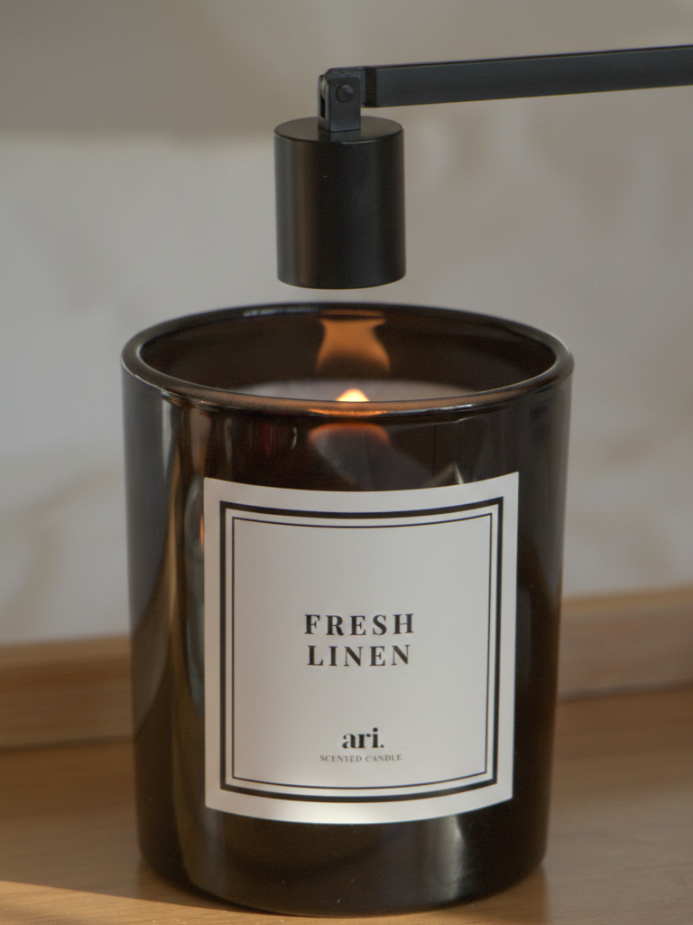 Vela perfumada artesanal ARI HOME com pavio de madeira em copo preto e etiqueta de luxo